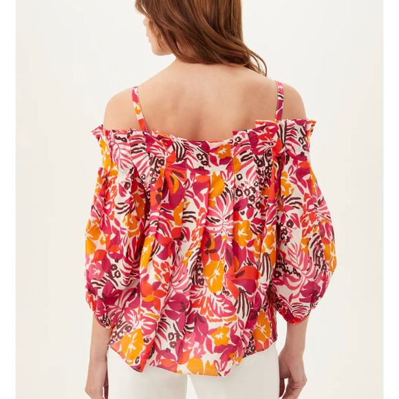 $298 TRINA TURK Salma off-the-shoulder Balloon Blouse | Sz L Orange Pink Floral - Picture 5 of 6
